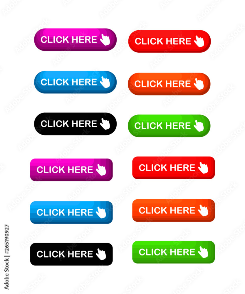 Wall mural click here colorful button set. icons web isolated on white background. vector illustration.
