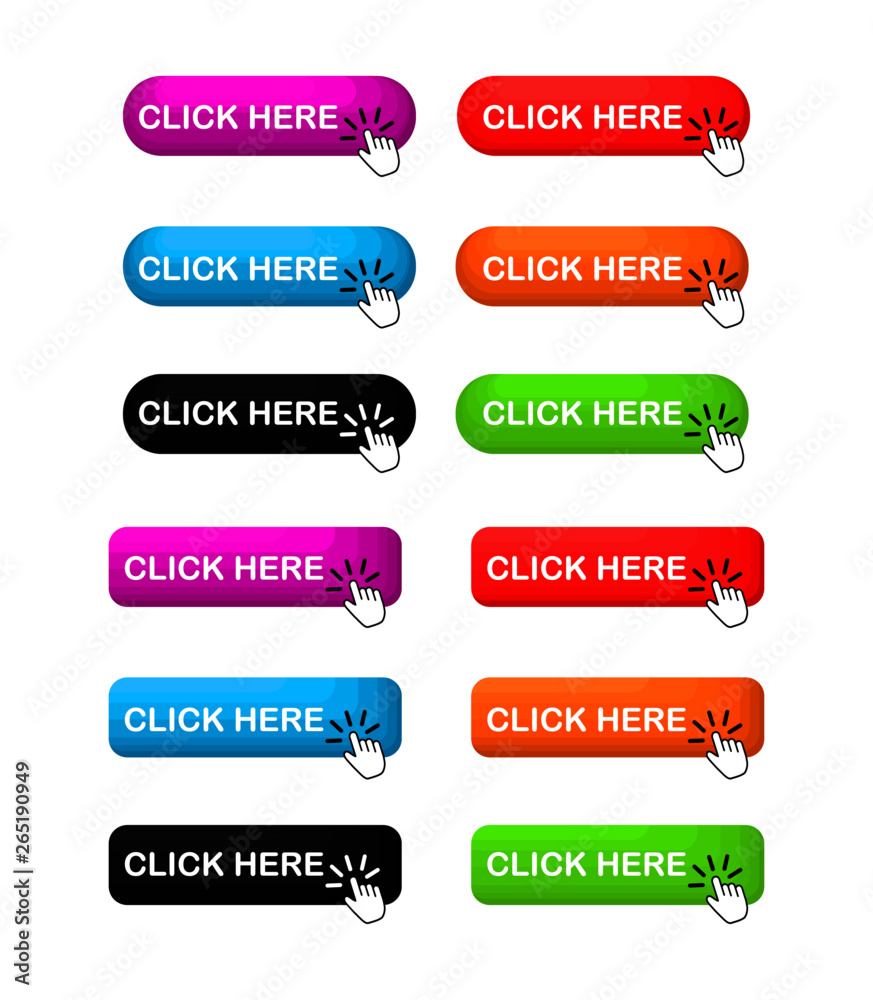 Wall mural click here colorful button set. icons web isolated on white background. vector illustration.