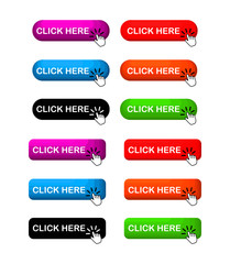 Click Here colorful button set. icons web Isolated on white background. Vector Illustration.