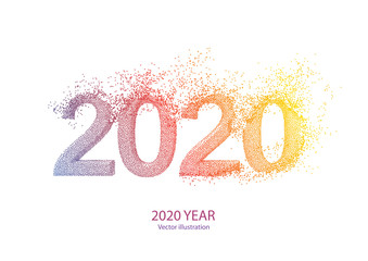 Happy New Year 2020 .Explosive text from dots 2020 .Vector illustration. Isolated on white background.