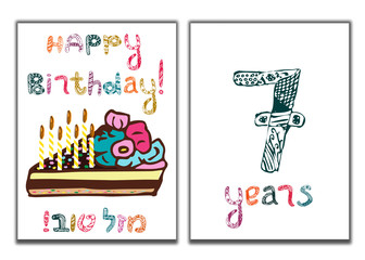 The inscription of Happy Birthday. Mazl Tov in Hebrew in translation I wish you happiness. A piece of cake with candles. Children greeting card for 7 years. Doodle, hand draw. Vector illustration.