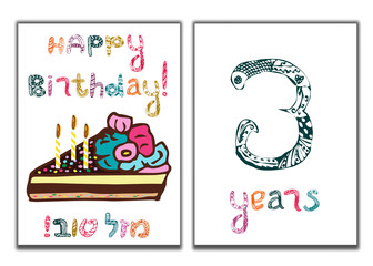 The inscription of Happy Birthday. Mazl Tov in Hebrew in translation I wish you happiness. A piece of cake with candles. Children greeting card for 3 years. Doodle, hand draw. Vector illustration.
