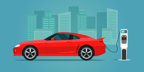 Red electric sportcar isolated. Electric car is charging, side view. Vector flat style illustration.