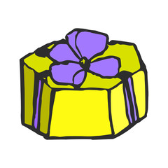 Yellow gift box with a bow. doodle hand draw. Vector illustration on isolated background.