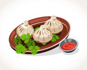 Khinkali traditional georgian dish on the plate with parsley vector illustration