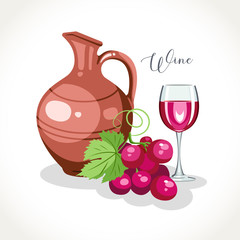 Wine jar with grape branch and wineglass wit red wine vector illustration