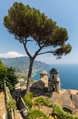 View over Gulf of Salerno from Villa Rufolo, Ravello, Campania, Italy