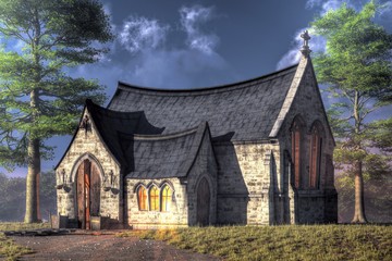 A country chapel sits between two tall trees with door open on an idyllic summer day.  A bright light resides within the little church. 3D Rendering