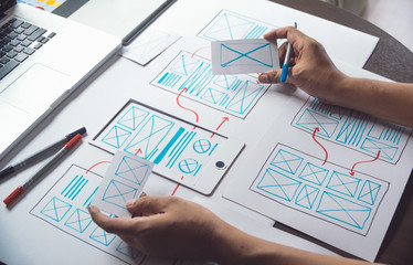 ux Graphic designer creative  sketch planning application process development prototype wireframe for web mobile phone . User experience concept.