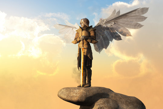An archangel in golden armor, with sword in hand, and white feather wings spread stand atop a stone pedestal.  The bright sun rises behind it. 3D Rendering