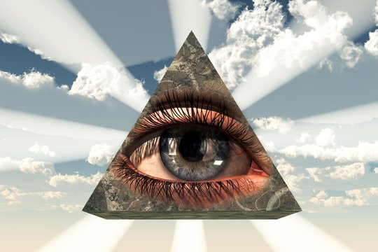 The All Seeing Eye: an eye transposed on a stone pyramid with light shining from behind, a symbol of the Illuminati and the Free Masons as well as a Christian Icon. 3D Rendering