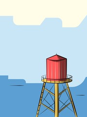 One red water tower on blue background