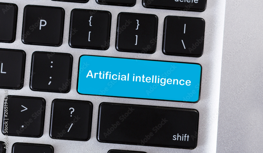 Poster Blue keyboard button with text Artificial intelligence