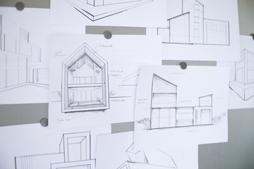 Architect Designer Engineer sketching drawing draft working Perspective Sketch  design house construction Project
