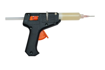 homemade gun for flux gel made of glue gun isolated on white background