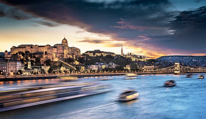 Colorful sunset over the Royal Castle in Budapest, Hungary