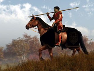 A knight in red armor rides on horseback through an autumn landscape.  Over his shoulder, he rests his trusty spear. 3D Rendering - obrazy, fototapety, plakaty