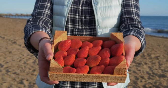 Female hands holding wooden box full of ripe straberry