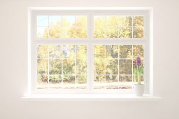 Empty window with autumn landscape in window. 3D illustration
