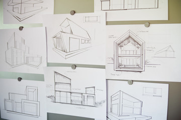 Architect Designer Engineer sketching drawing draft working Perspective Sketch  design house construction Project
