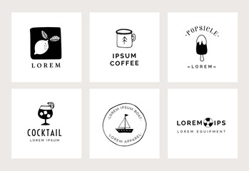 Fototapeta premium Set of hand drawn minimal logo templates. Food, drink and travel concept. Business branding identity. Isolated symbols. Simple and elegant icons collection. Vector illustrations. Retro design.