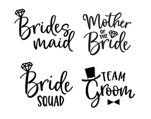Wedding lettering set. Black hand lettered quotes with diamond rings for greeting cards, gift tags, labels. Typography collection. Love concept. Isolated vector illustrations. Broom and bride design.