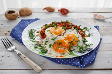 Fried eggs with vegetables with tomato sauce.