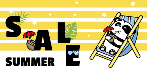 Kawaii Panda is an animal on a summer vacation drinking a coconut cocktail in a hammock. Vector banner and background with stripes
