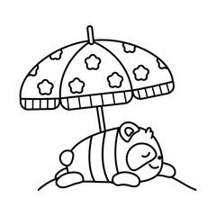 Little cute panda lies sunning on the beach under a beach umbrella. Vector outline illustration in linear style on white background. Kawai bear. Coloring book page