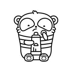 Little cute sad panda burned in the sun and smeared with sunscreen. Vector outline illustration in linear style on white background. Kawai bear. Coloring book page