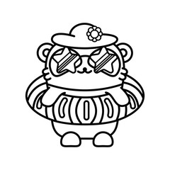 Little cute panda in sunglasses and with an inflatable circle goes to the pool. Big wave on the sea. Vector illustration in linear style on white background. Emotions Kawai Bear. Coloring book page