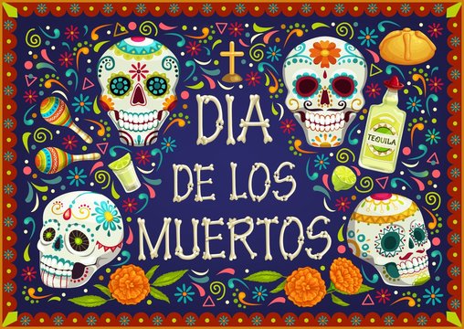 Mexican holiday flowers, Dia de los muertos skulls