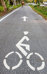 Obraz premium Bicycle road sign and arrow bike lane symbol,bike lane in the garden sightseeing and ride bike in the park. White painted bike on asphalt. Ride ecological green urban transport.