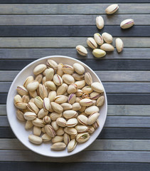 Healthy food  for background image close up pistachios nuts. Texture on top view Nuts pistachio on the cup plate