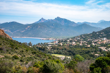 Fototapeta na wymiar panorama of Galeria seen from the path that leads to Girolata. Scandola Nature Reserve, Corsica Regional Park, France
