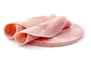 Thinly Sliced Ham, boiled sausage, close-up, isolated on white background