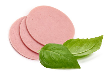 Sliced boiled ham sausage, close-up, isolated on white background