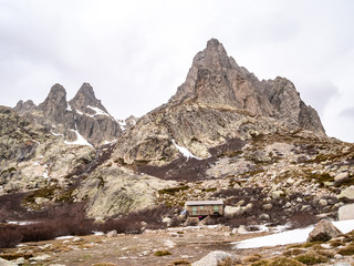 Alpine refuge (bivouac) and in peaks of mountains in Restonica Valley, Corte, Haute-Corse, Corsica, France
