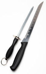Ham knife (to cut ham) and sharpener (chaira, cheira). Isolated on white background.