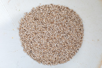Close-up of sesame seeds in Suribachi (Japanese streak mortar).Top view.