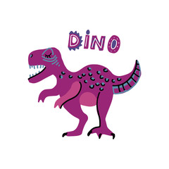 Vector cute cartoon hand drawn dinosaur with words dino. Tyrannosaurus. Vector illustration of scandinavian t-rex character for children and scrap book with lettering