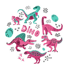 Cute dinosaurs hand drawn color vector illustration in round shape. Dino characters cartoon circle texture. Prehistoric scandinavian illustration. Sketch Jurassic reptiles.