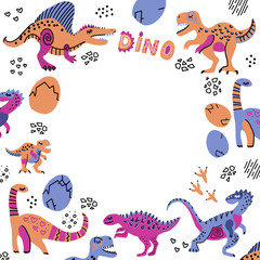 Cute dinosaurs hand drawn color vector illustration with round free space for your text. Dino characters cartoon circle frame. Prehistoric scandinavian illustration. Sketch Jurassic reptiles.