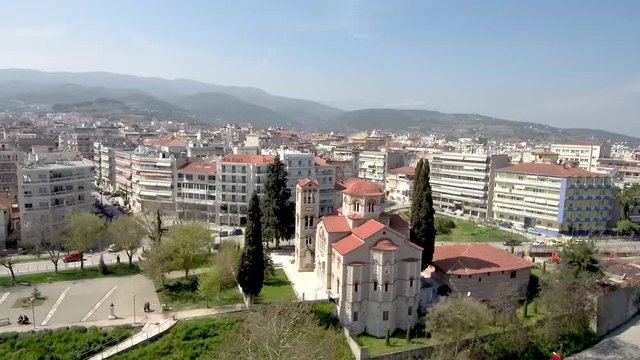 Aerial view of Greek Orthodox temple in Veria city Geece , sideways movement by drone