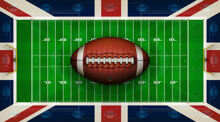 American Football Field, British Flag and Footballs Background Design. 3D Illustration