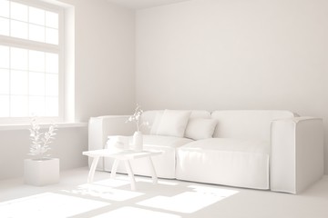 Mock up of stylish room in white color with sofa. Scandinavian interior design. 3D illustration