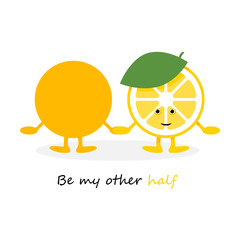 Lemon cute smile character. Cartoon yellow fruits  holding hands card. Vector Illustration. Be my other half poster