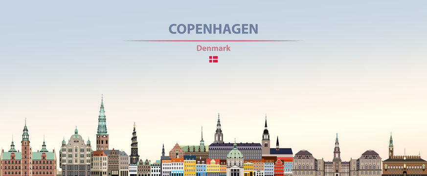 Vector illustration of Copenhagen city skyline on colorful gradient beautiful daytime background