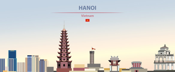 Hanoi city skyline on colorful gradient beautiful daytime background vector illustration - obrazy, fototapety, plakaty