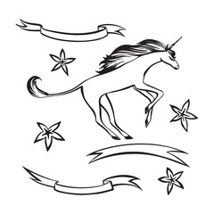 Hand drawn unicorn, ribbons and flowers outline sketch. Vector magic black ink drawing isolated on white background. Graphic illustration